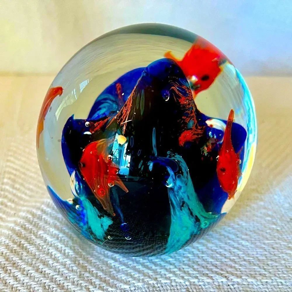 Vintage MCM Aquarium Paperweight Art Glass Goldfish Vibrant Blue Orange Coral.